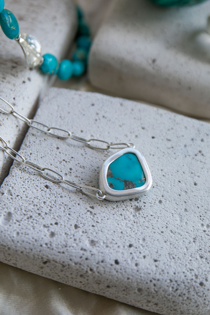 Arizona Turquoise Pendant on Paperclip Sterling Silver Chain