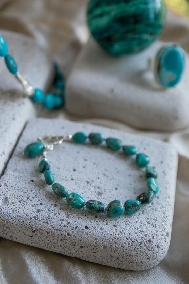 Natural Turquoise Bracelet with Thai Hill Tribe Silver Beads