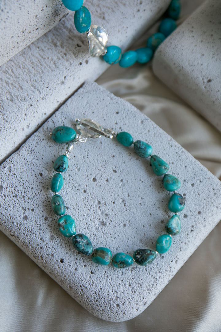 Natural Turquoise Bracelet with Thai Hill Tribe Silver Beads