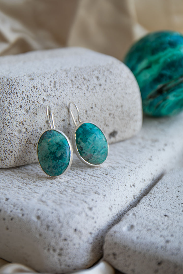 Chrysocolla Earrings in Brushed Sterling Silver
