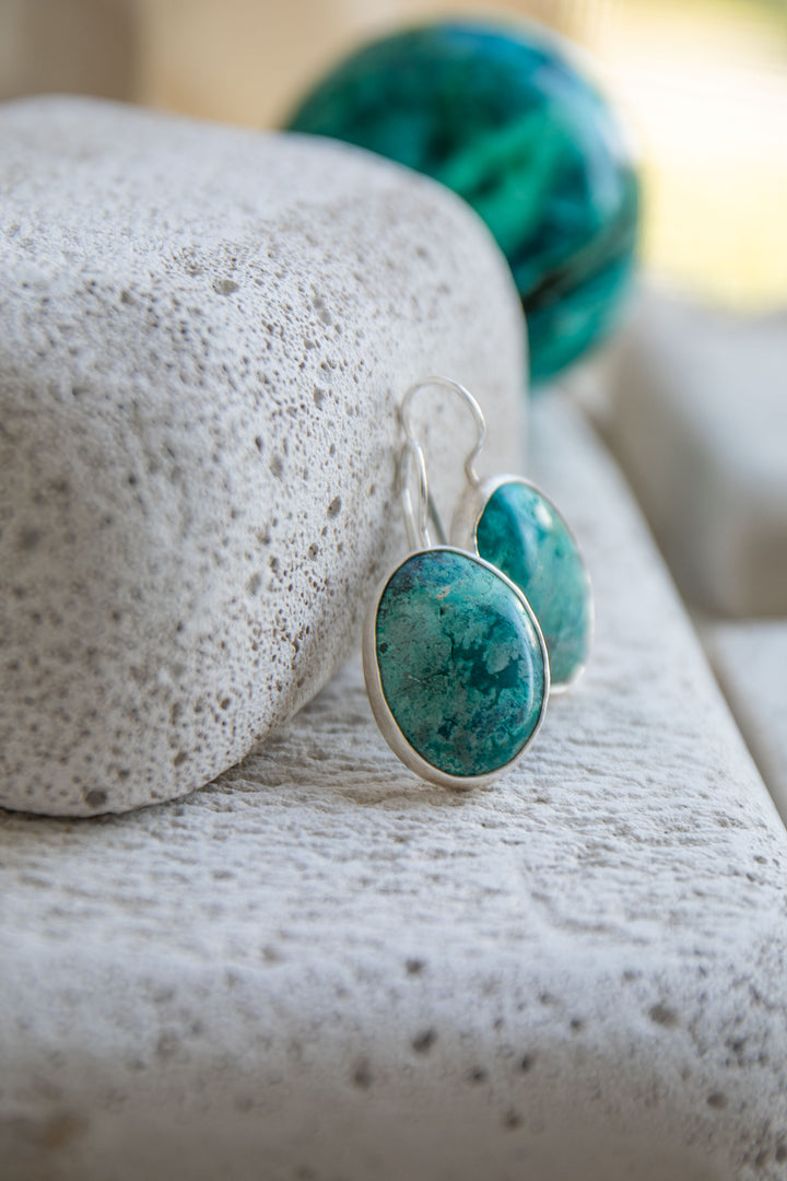 Chrysocolla Earrings in Brushed Sterling Silver
