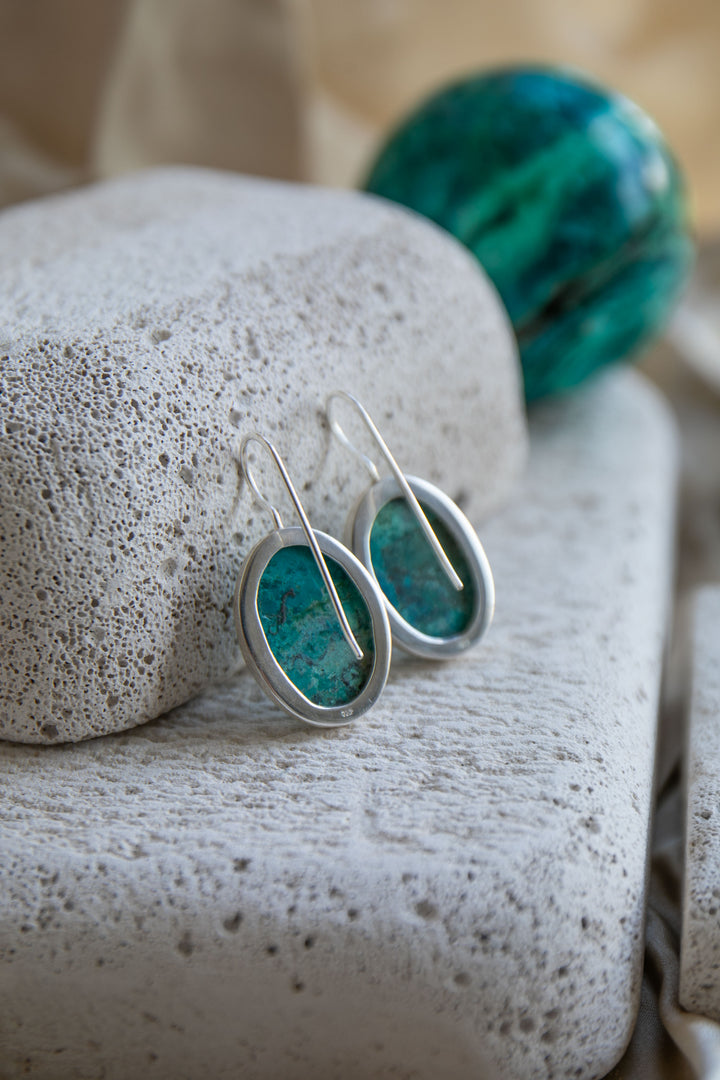 Chrysocolla Earrings in Brushed Sterling Silver