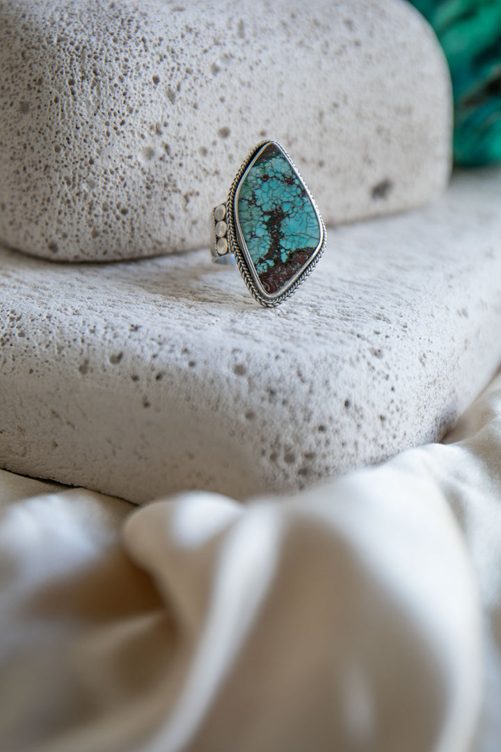Genuine Turquoise Ring set in Tribal Sterling Silver - Size 9 US
