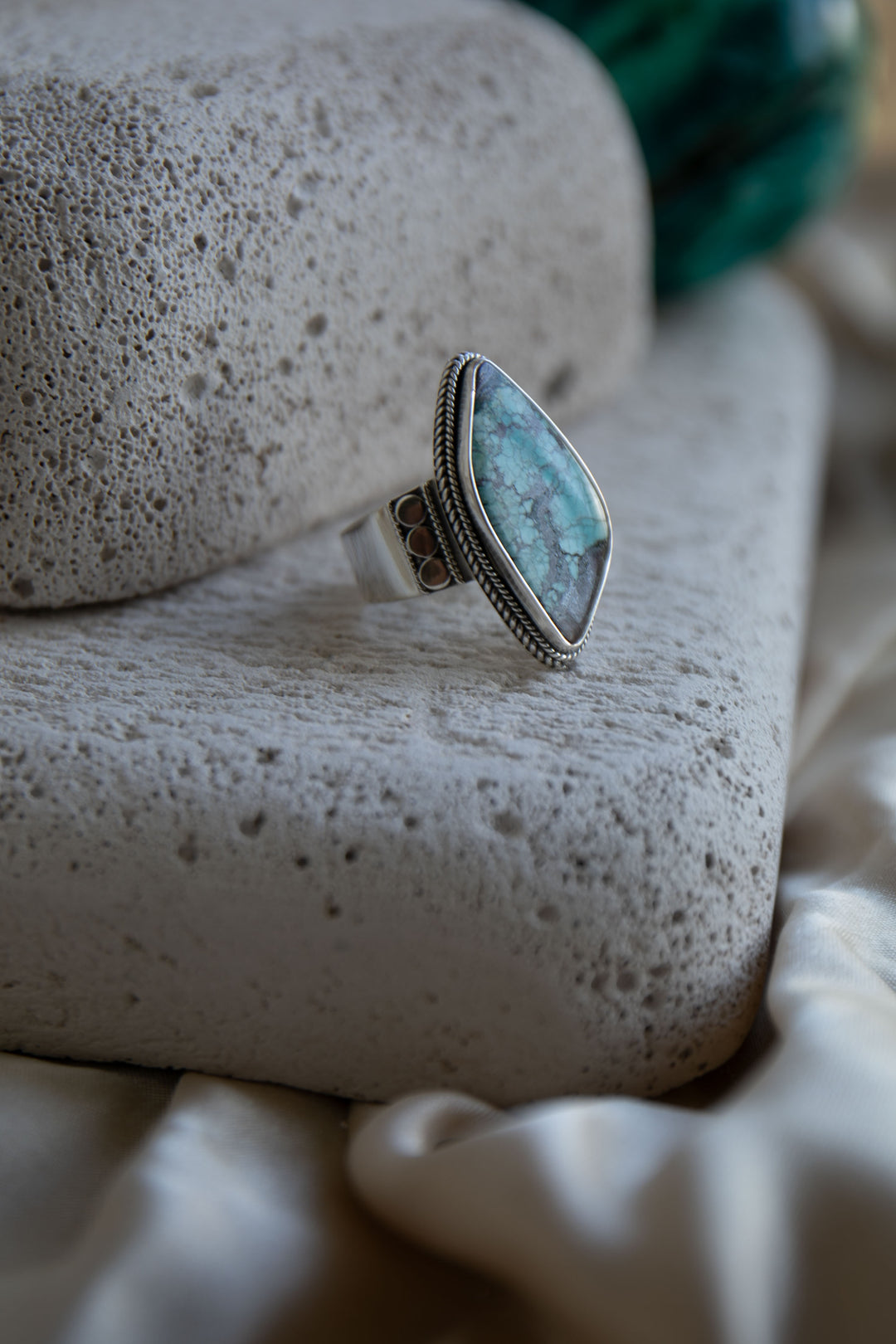 Genuine Turquoise Ring set in Tribal Sterling Silver - Size 9 US
