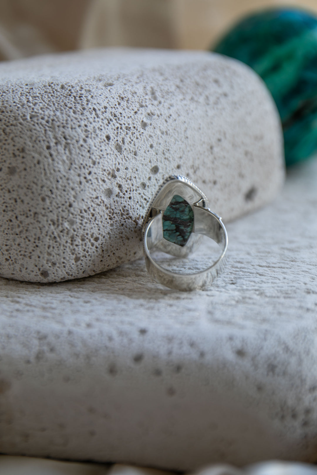 Genuine Turquoise Ring set in Tribal Sterling Silver - Size 9 US