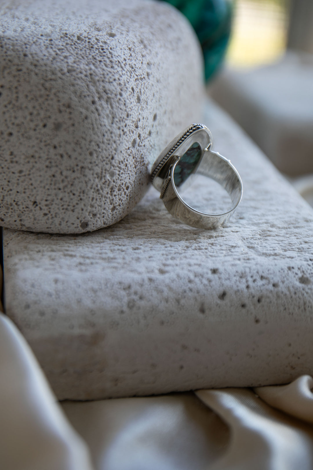 Genuine Turquoise Ring set in Tribal Sterling Silver - Size 9 US
