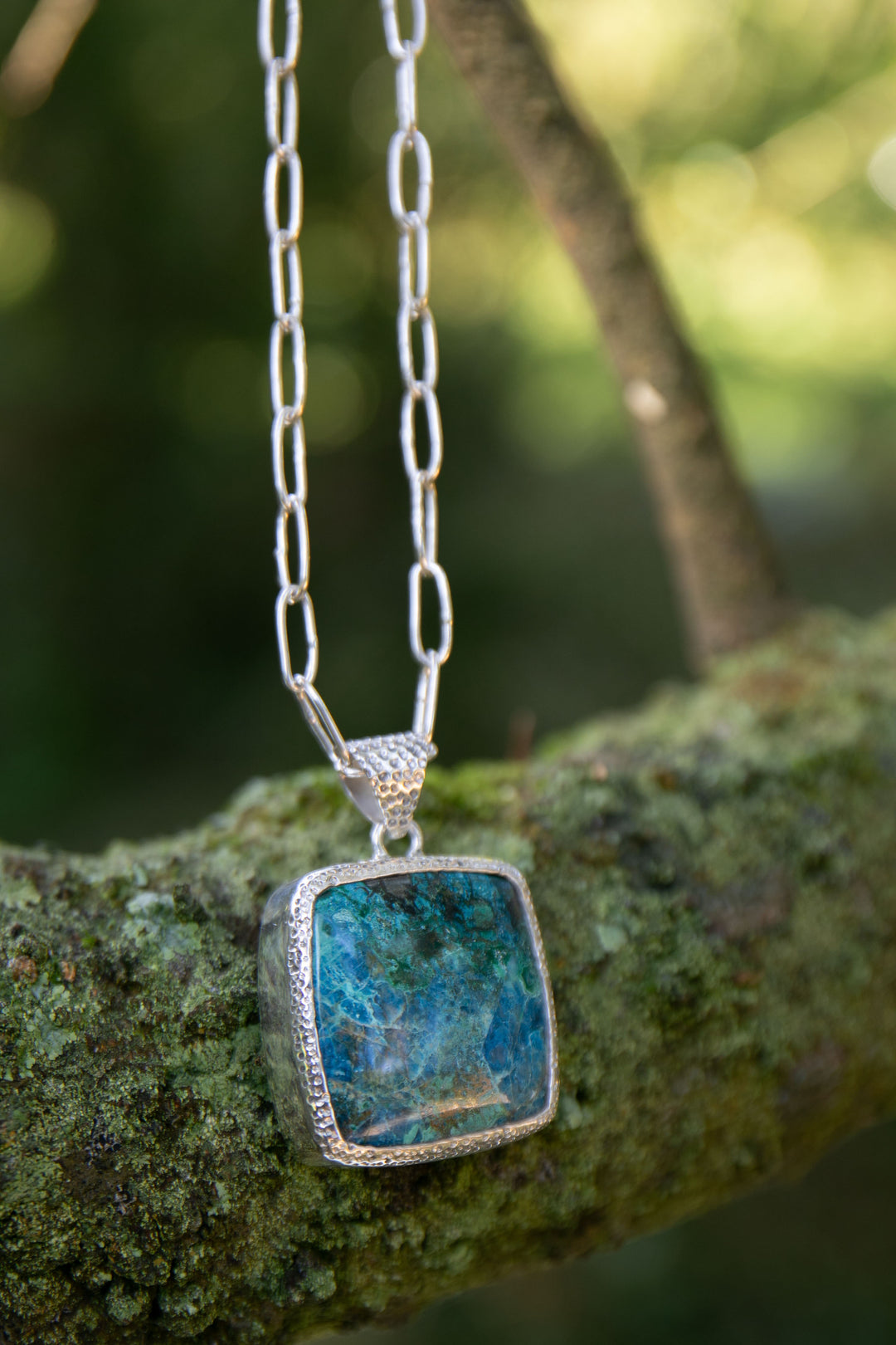 Statement Square Shattuckite Pendant in Sterling Silver Setting