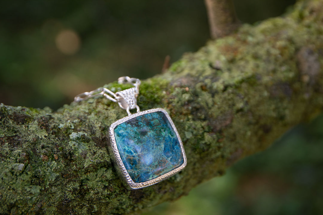 Statement Square Shattuckite Pendant in Sterling Silver Setting