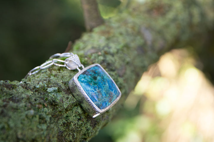 Statement Square Shattuckite Pendant in Sterling Silver Setting