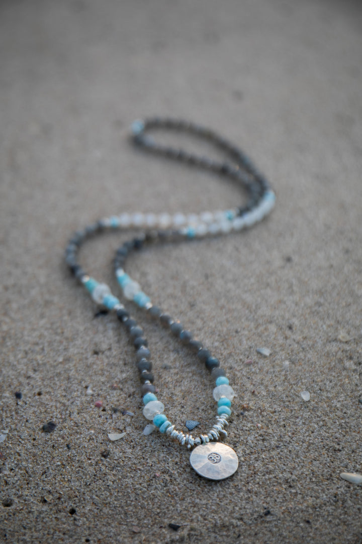 Labradorite, Larimar, Rainbow Moonstone + Thai Hill Tribe Silver Mala Necklace with OM Pendant