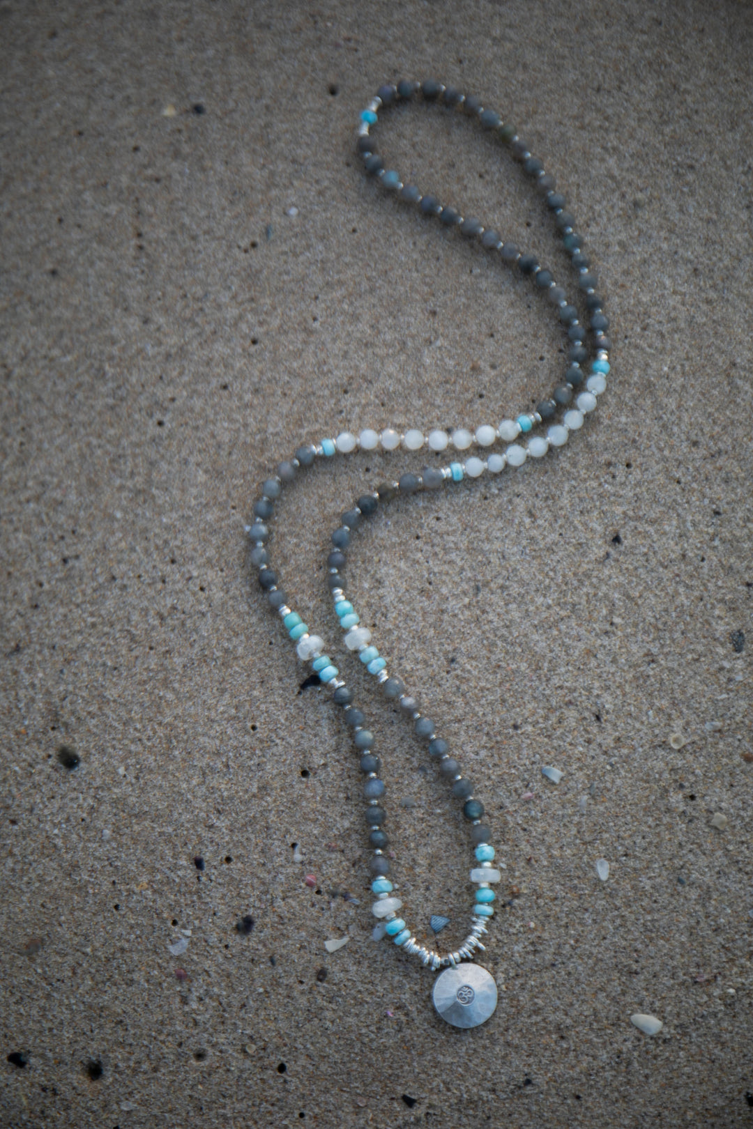 Labradorite, Larimar, Rainbow Moonstone + Thai Hill Tribe Silver Mala Necklace with OM Pendant