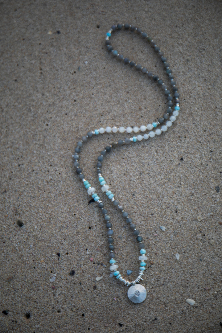 Labradorite, Larimar, Rainbow Moonstone + Thai Hill Tribe Silver Mala Necklace with OM Pendant
