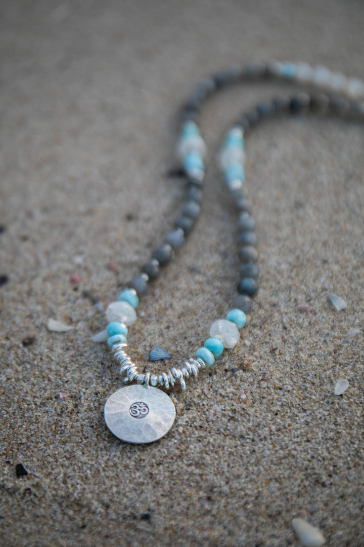 Labradorite, Larimar, Rainbow Moonstone + Thai Hill Tribe Silver Mala Necklace with OM Pendant
