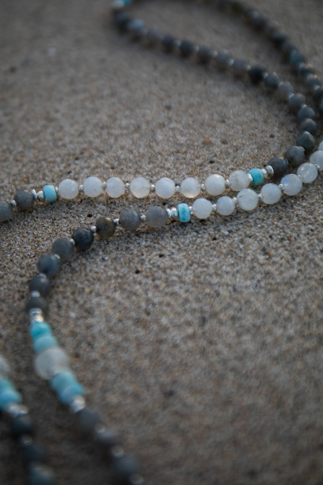Labradorite, Larimar, Rainbow Moonstone + Thai Hill Tribe Silver Mala Necklace with OM Pendant