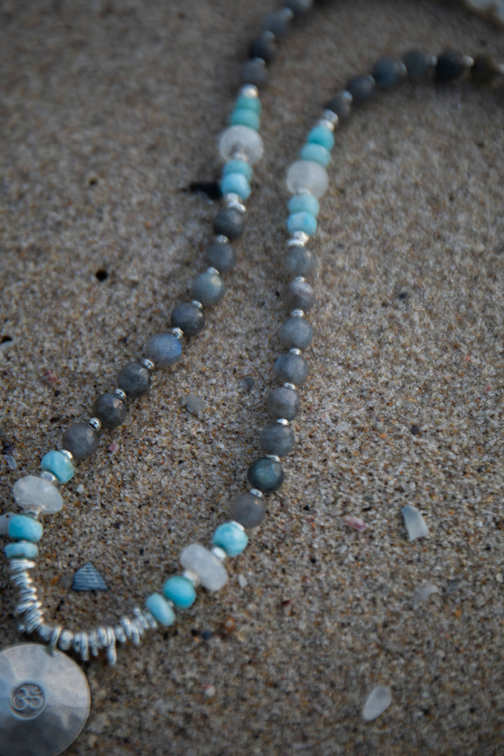 Labradorite, Larimar, Rainbow Moonstone + Thai Hill Tribe Silver Mala Necklace with OM Pendant