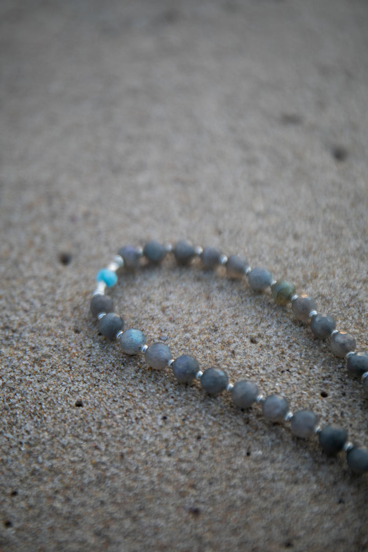 Labradorite, Larimar, Rainbow Moonstone + Thai Hill Tribe Silver Mala Necklace with OM Pendant