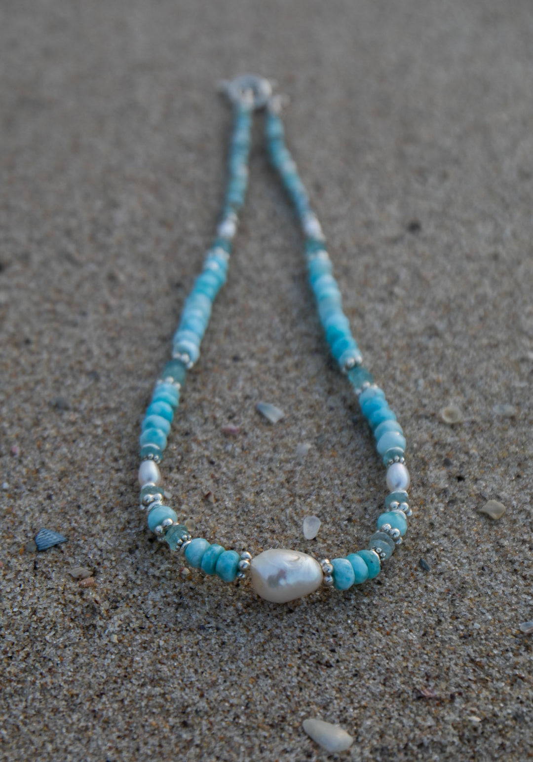 Pearl, Larimar and Aquamarine Necklace with Thai Hill Tribe Silver