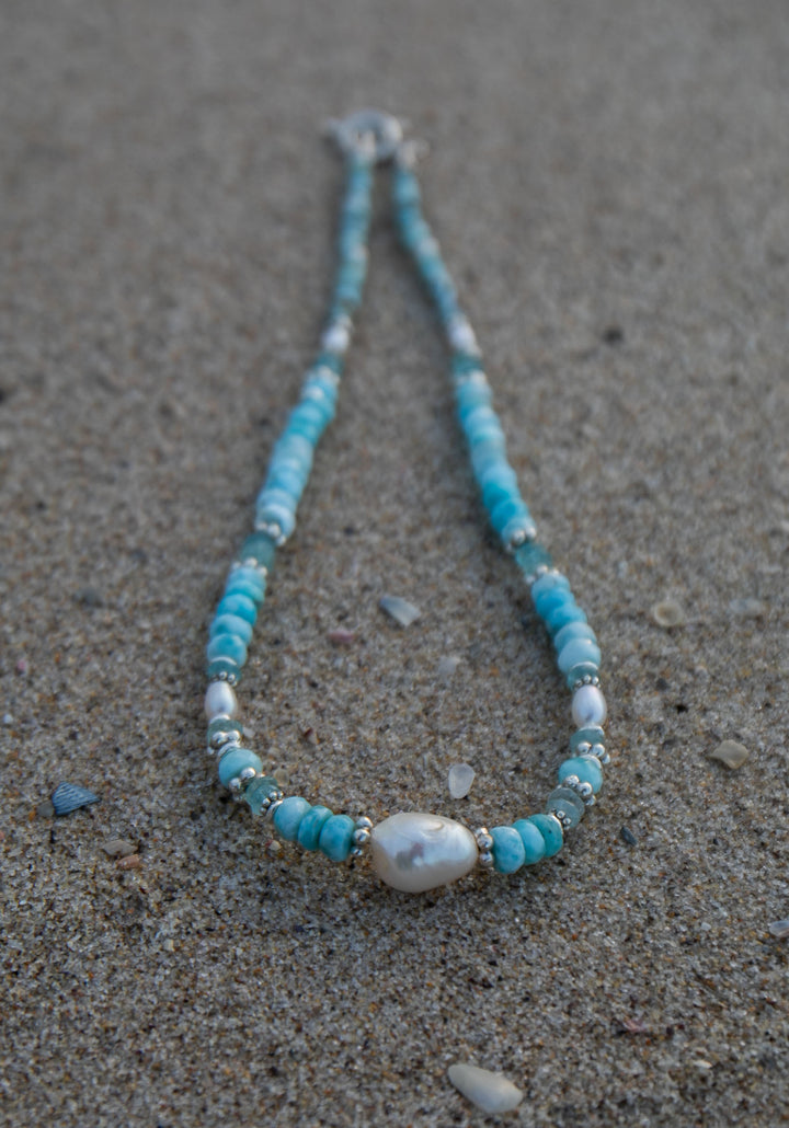 Pearl, Larimar and Aquamarine Necklace with Thai Hill Tribe Silver