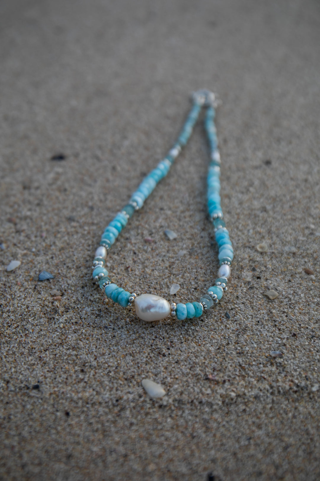 Pearl, Larimar and Aquamarine Necklace with Thai Hill Tribe Silver