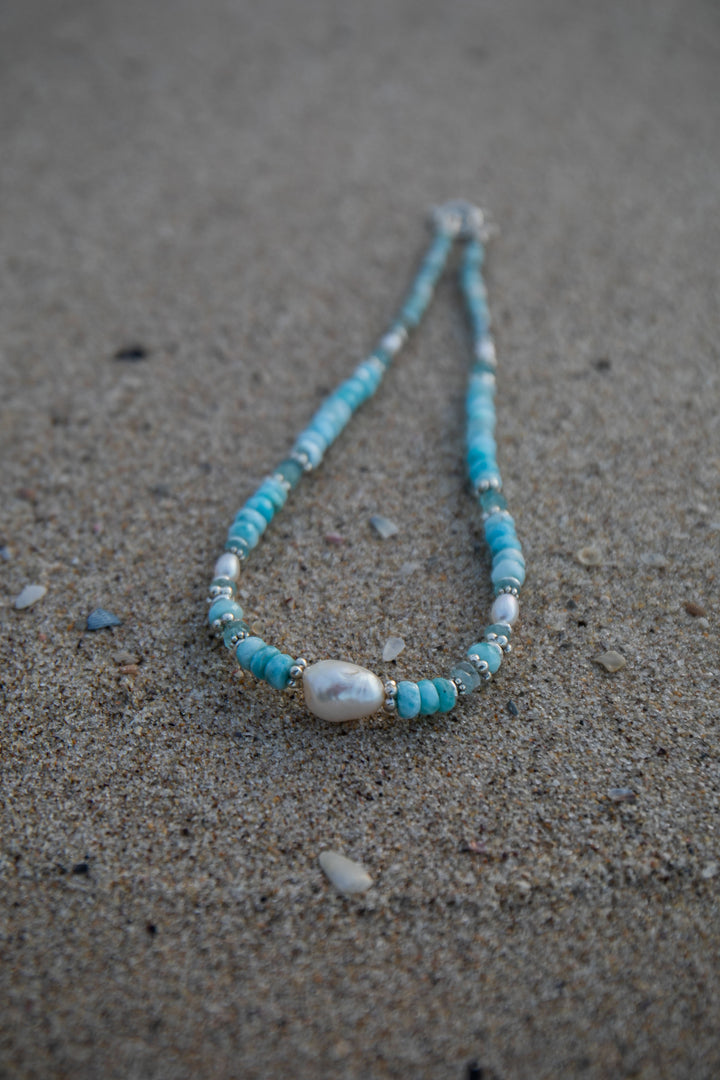 Pearl, Larimar and Aquamarine Necklace with Thai Hill Tribe Silver