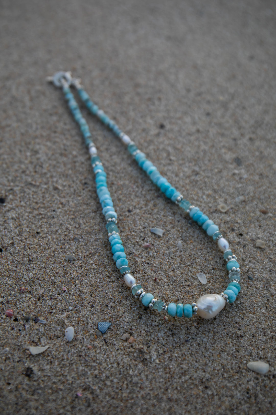 Pearl, Larimar and Aquamarine Necklace with Thai Hill Tribe Silver