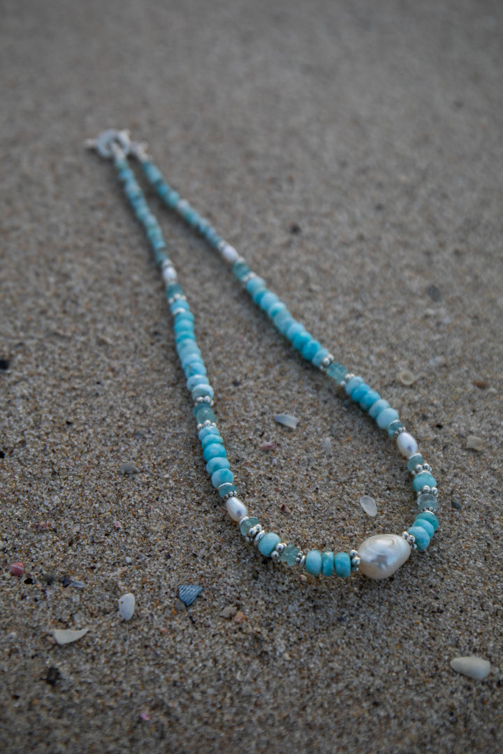 Pearl, Larimar and Aquamarine Necklace with Thai Hill Tribe Silver