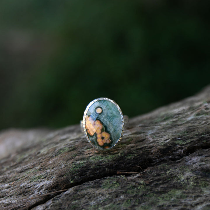 Ocean Jasper Ring in Beaten Sterling Silver - Size 8 US