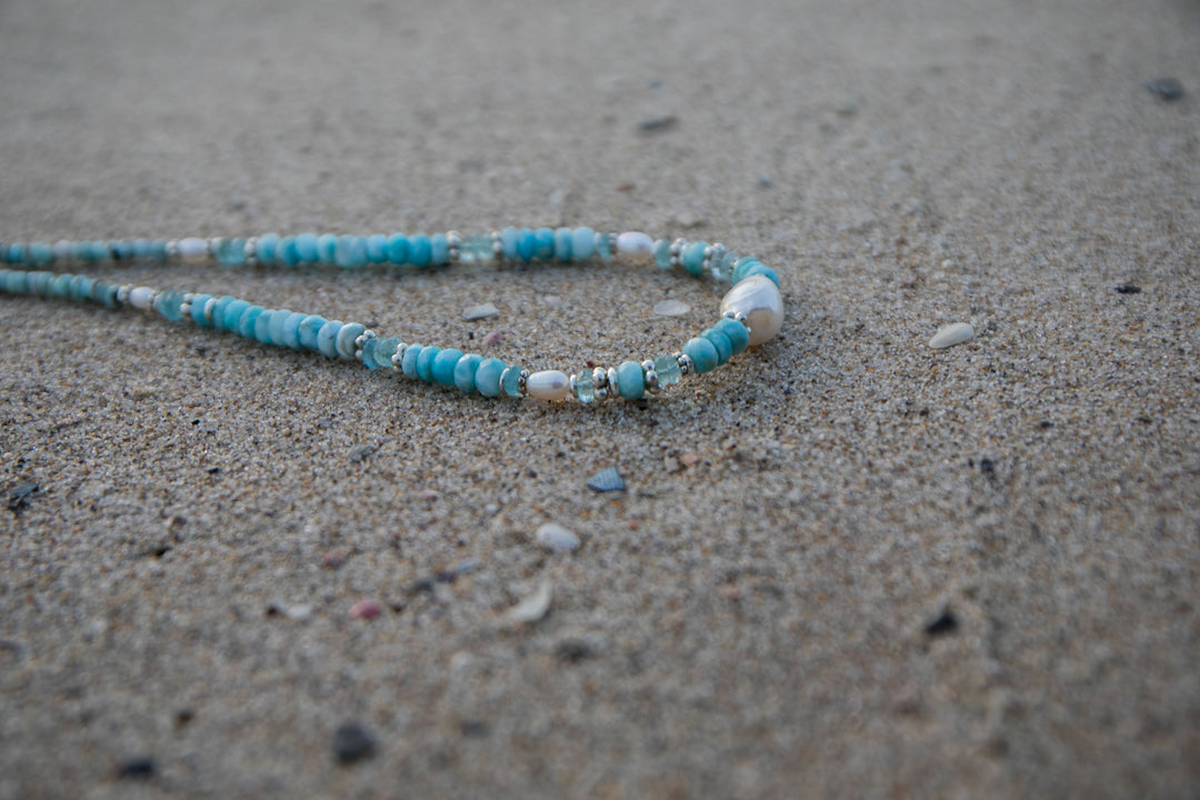 Pearl, Larimar and Aquamarine Necklace with Thai Hill Tribe Silver