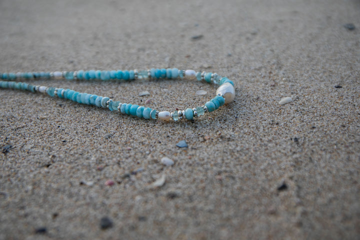 Pearl, Larimar and Aquamarine Necklace with Thai Hill Tribe Silver