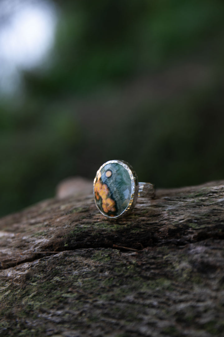 Ocean Jasper Ring in Beaten Sterling Silver - Size 8 US