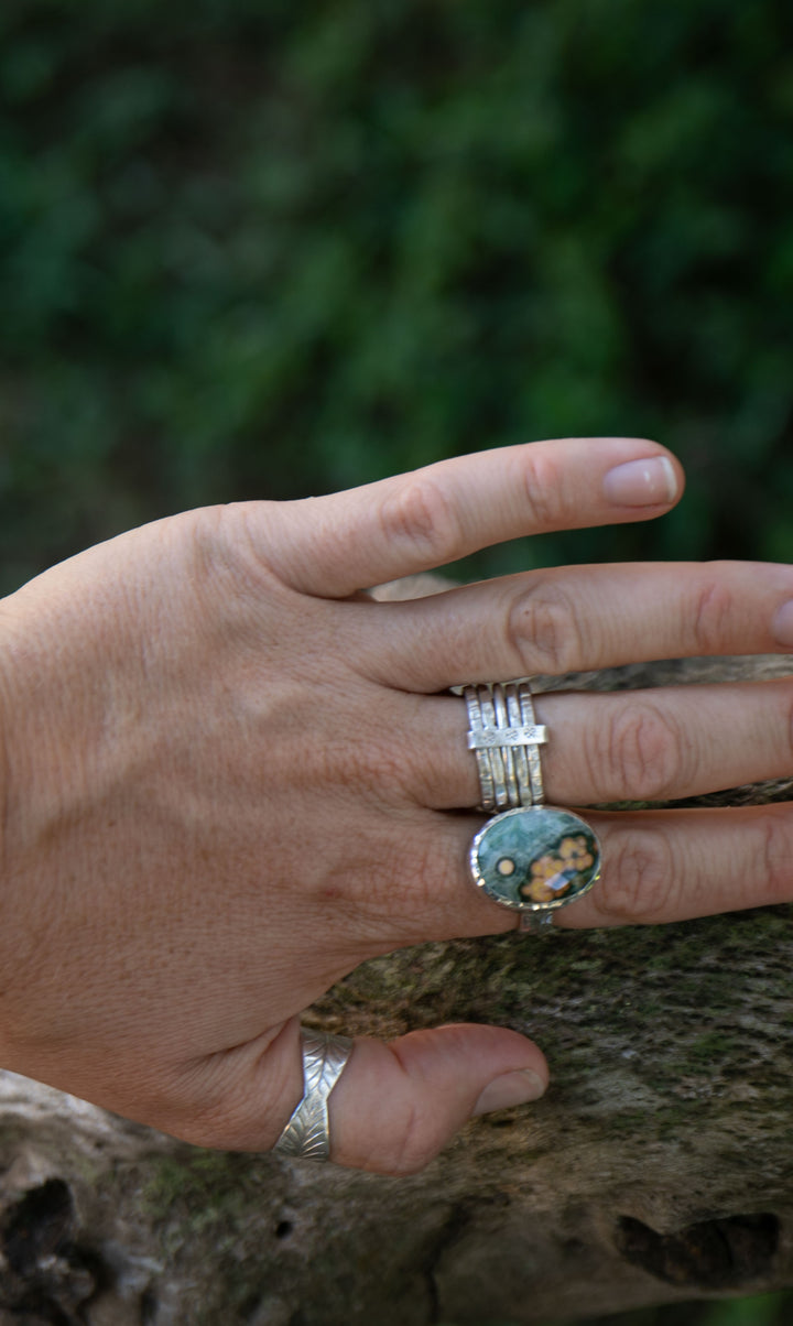 Ocean Jasper Ring in Beaten Sterling Silver - Size 8 US