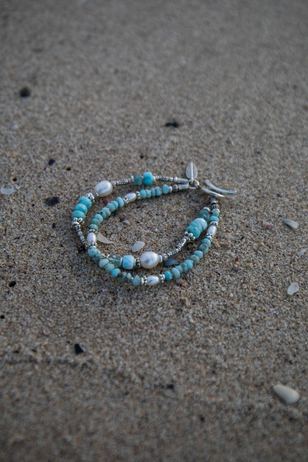 Double Beaded Larimar, Aquamarine and Freshwater Pearl Bracelet with Thai Hill Tribe Silver
