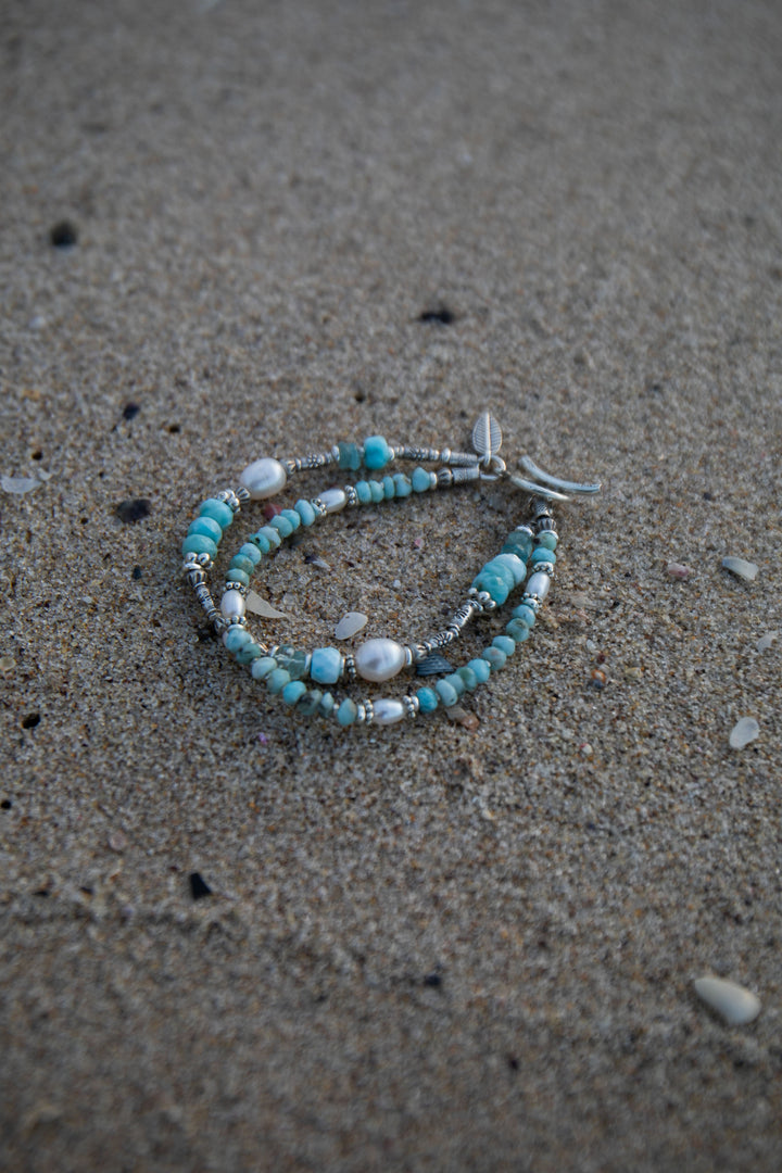 Double Beaded Larimar, Aquamarine and Freshwater Pearl Bracelet with Thai Hill Tribe Silver