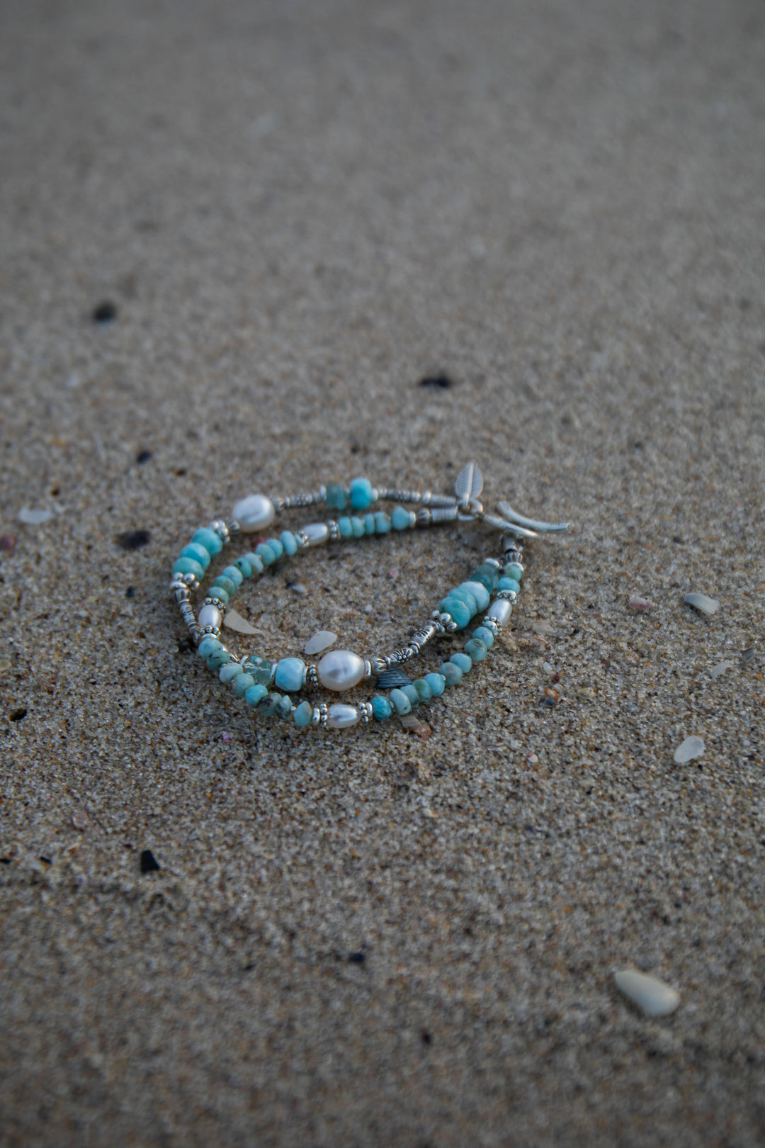 Double Beaded Larimar, Aquamarine and Freshwater Pearl Bracelet with Thai Hill Tribe Silver