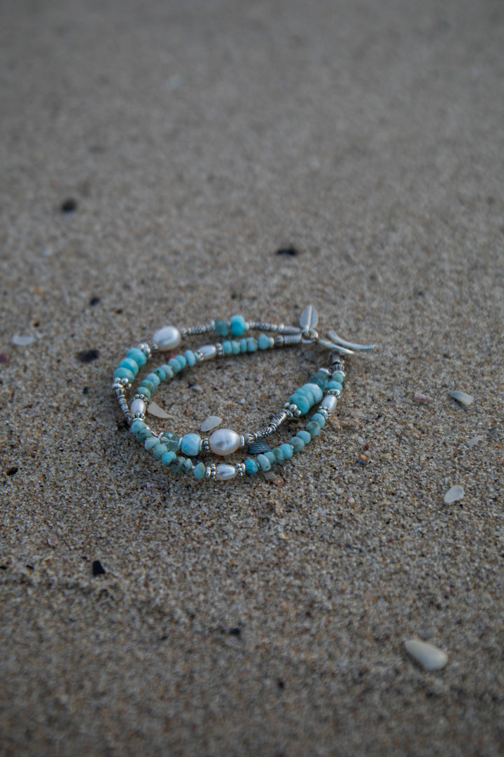 Double Beaded Larimar, Aquamarine and Freshwater Pearl Bracelet with Thai Hill Tribe Silver