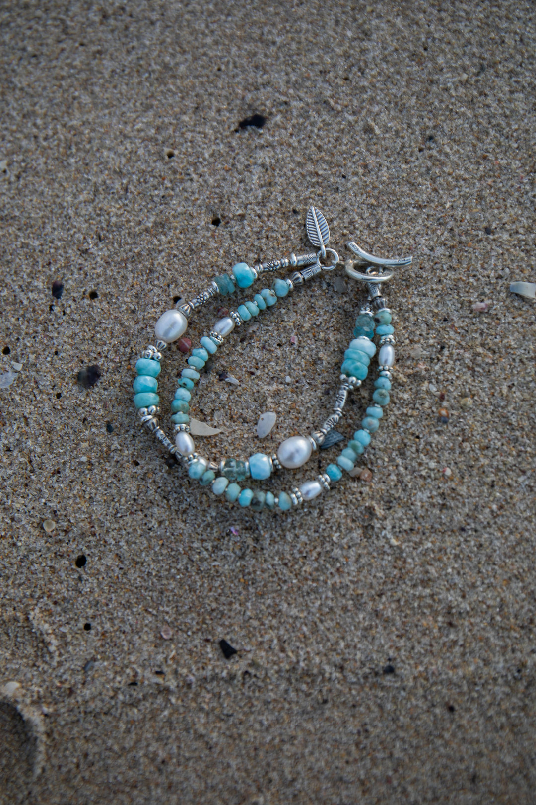 Double Beaded Larimar, Aquamarine and Freshwater Pearl Bracelet with Thai Hill Tribe Silver