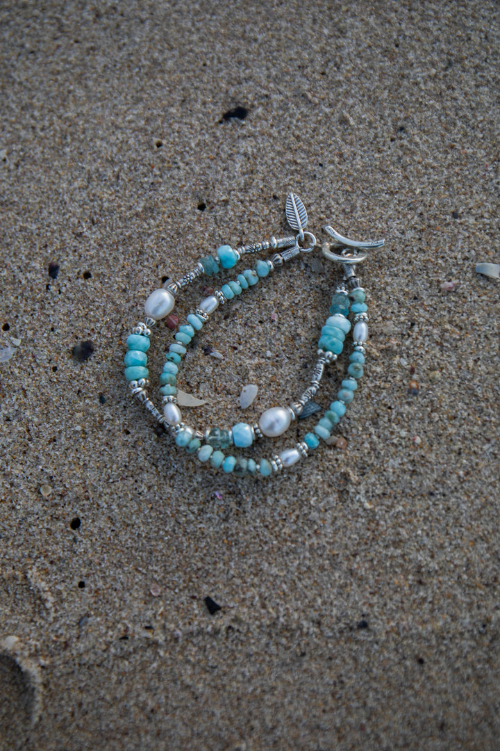 Double Beaded Larimar, Aquamarine and Freshwater Pearl Bracelet with Thai Hill Tribe Silver