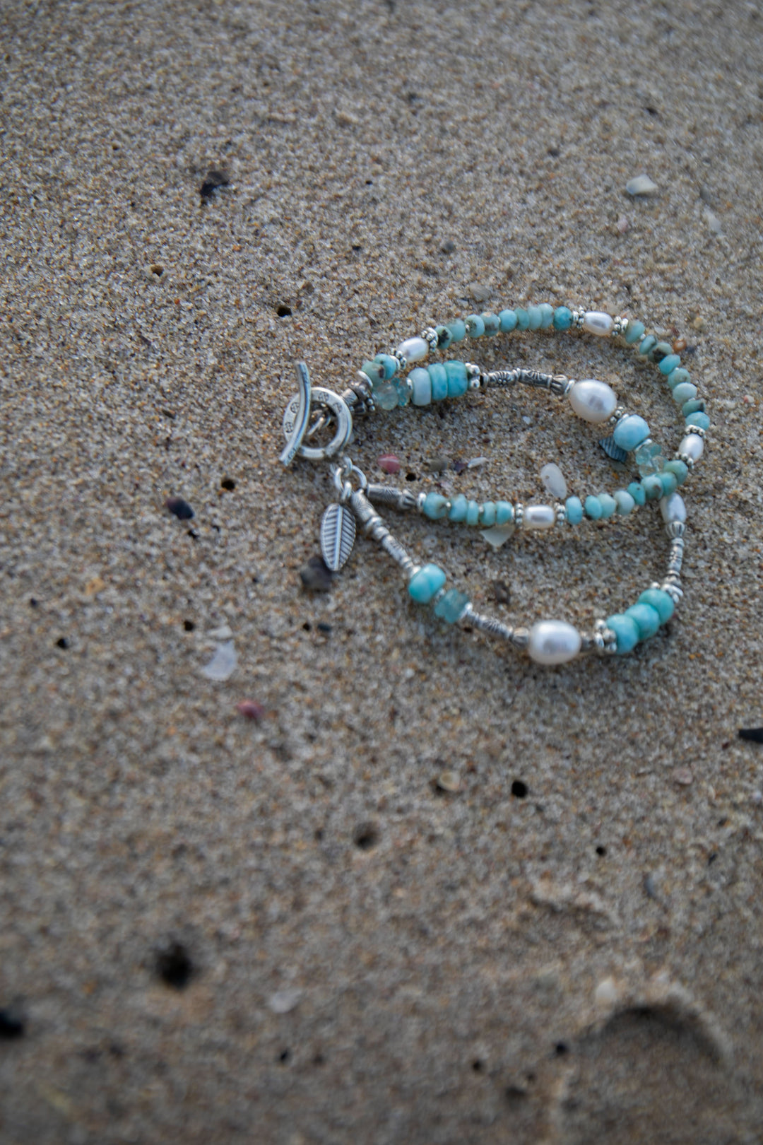 Double Beaded Larimar, Aquamarine and Freshwater Pearl Bracelet with Thai Hill Tribe Silver