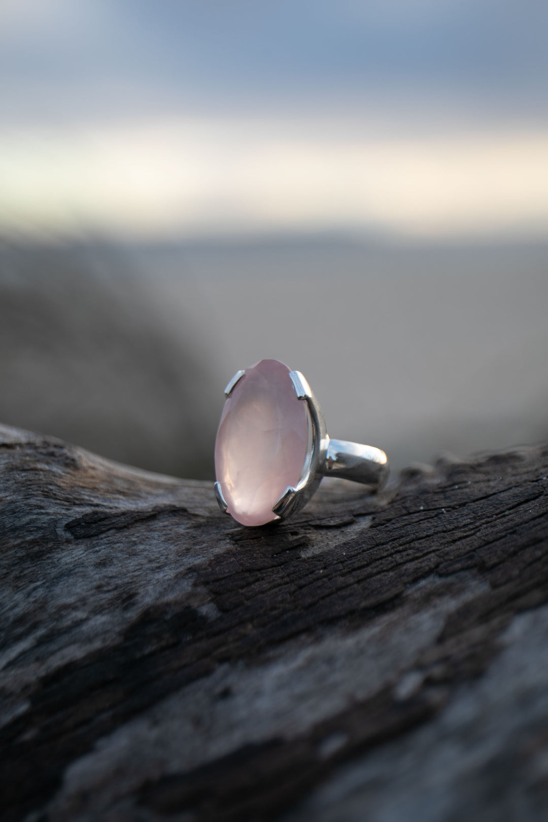 Pink Rose Quartz Ring set in Sterling Silver - Size 8 US