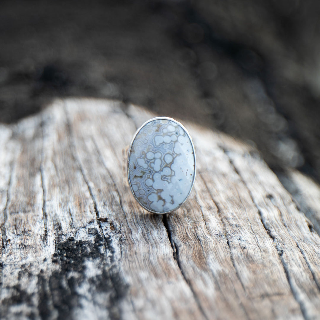 Ocean Jasper Ring in Beaten Sterling Silver with Adjustable Band