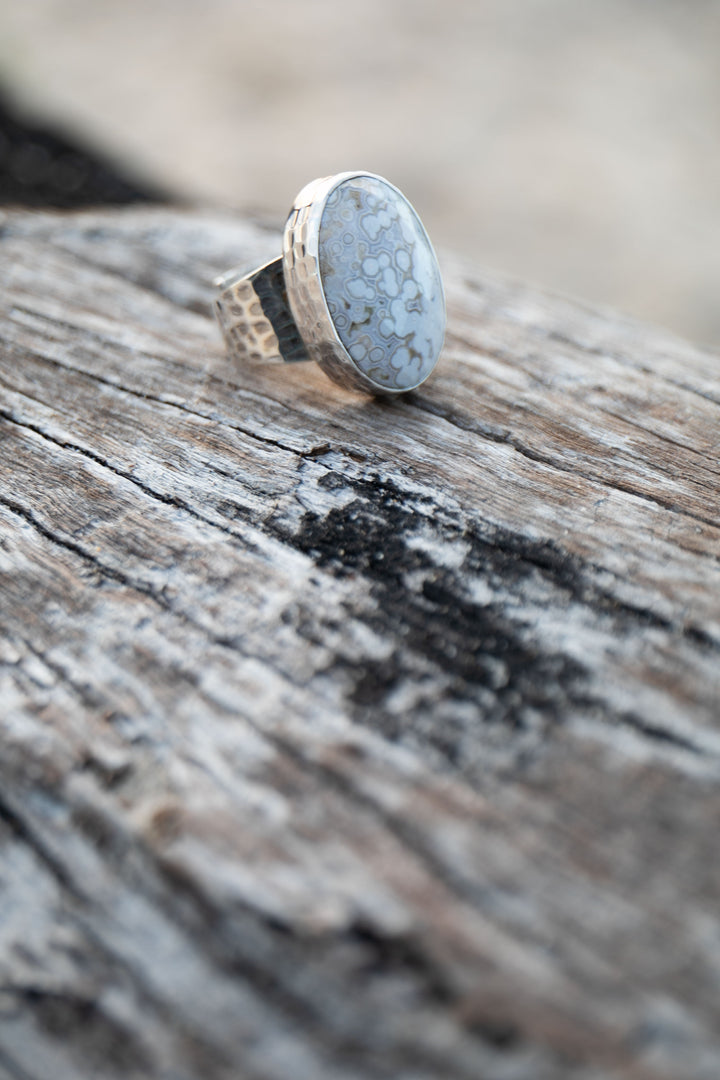 Ocean Jasper Ring in Beaten Sterling Silver with Adjustable Band
