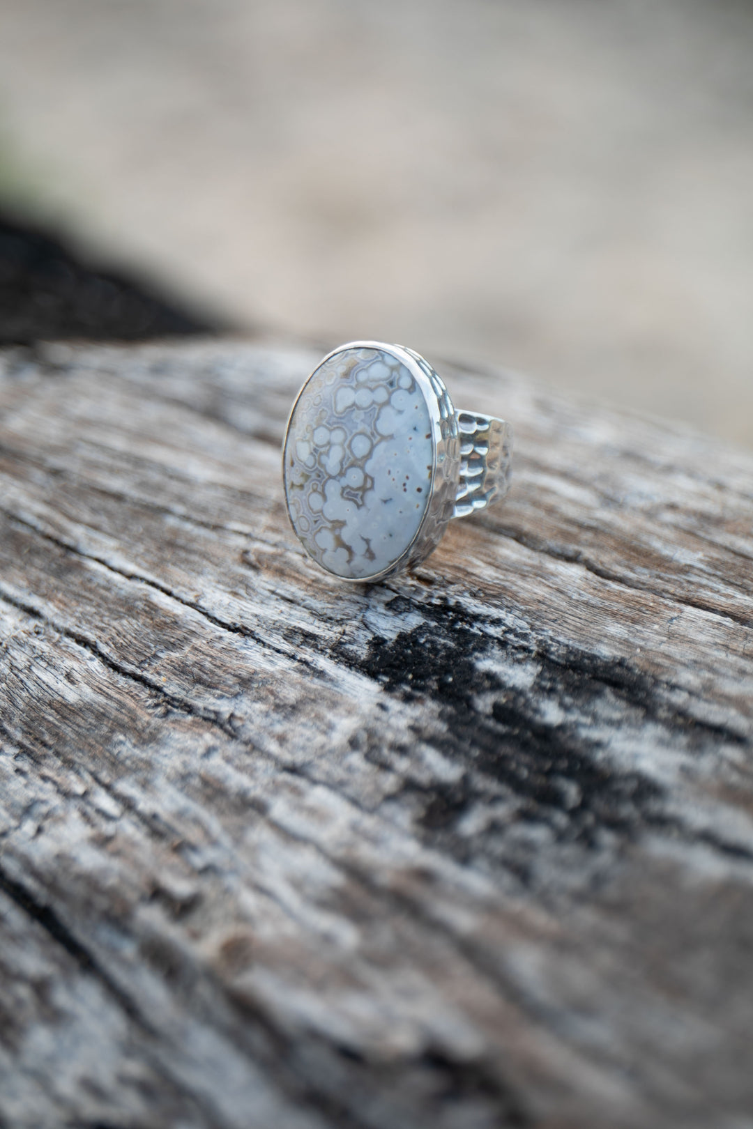 Ocean Jasper Ring in Beaten Sterling Silver with Adjustable Band