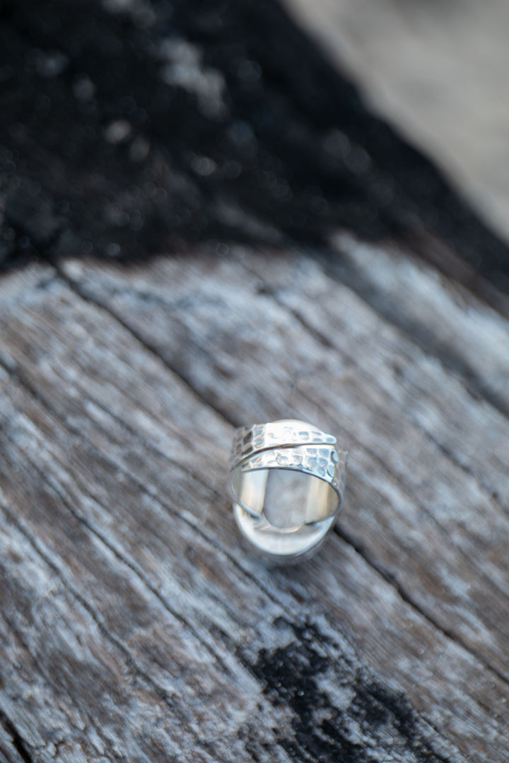 Ocean Jasper Ring in Beaten Sterling Silver with Adjustable Band