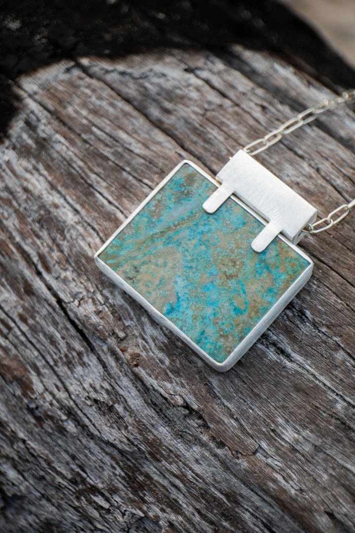 Stunning Statement Chrysocolla Pendant in Unique Sterling Silver Setting