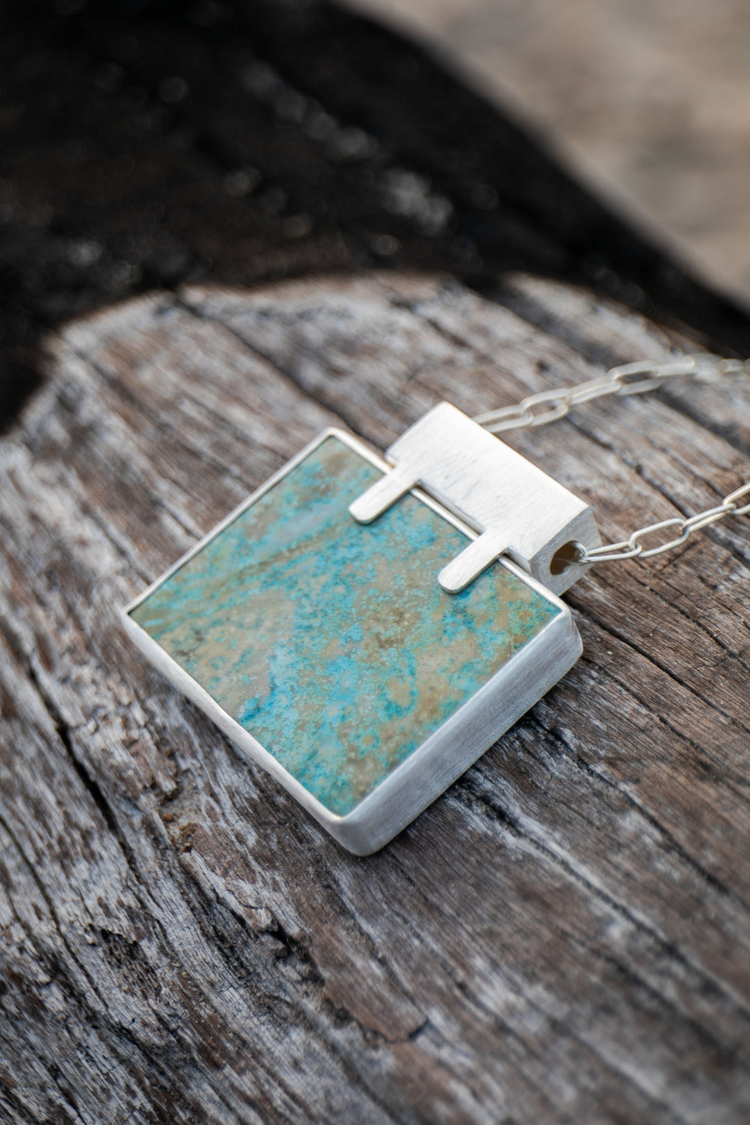 Stunning Statement Chrysocolla Pendant in Unique Sterling Silver Setting