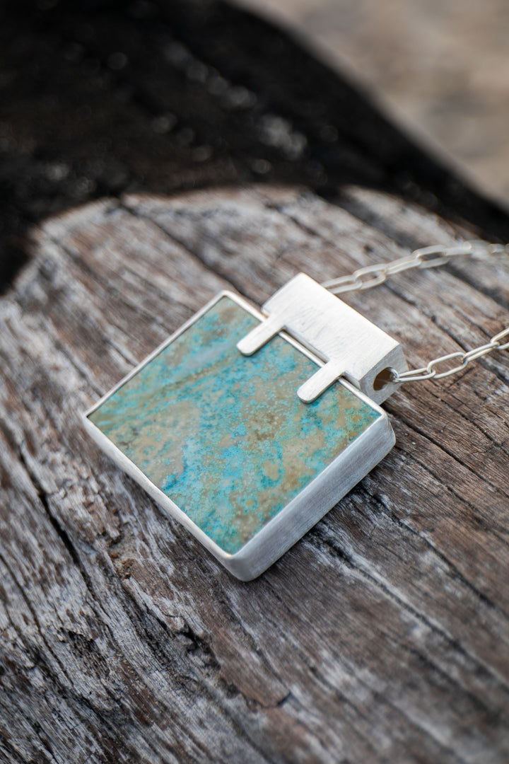 Stunning Statement Chrysocolla Pendant in Unique Sterling Silver Setting