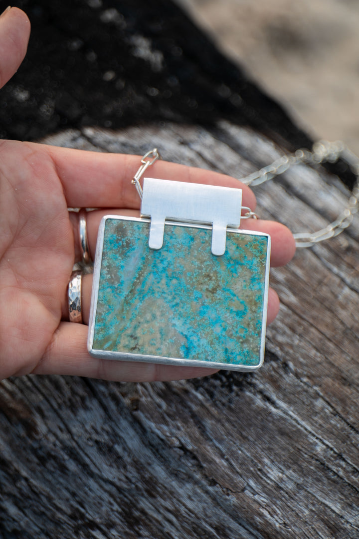 Stunning Statement Chrysocolla Pendant in Unique Sterling Silver Setting
