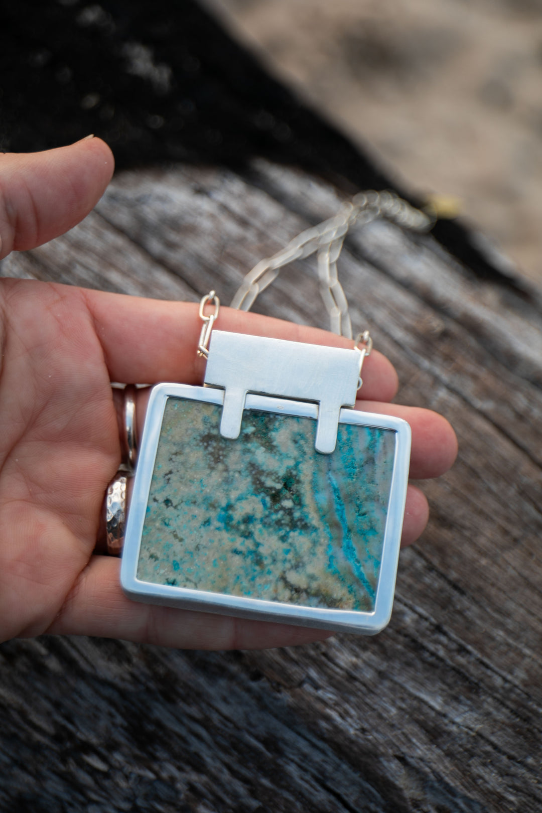 Stunning Statement Chrysocolla Pendant in Unique Sterling Silver Setting