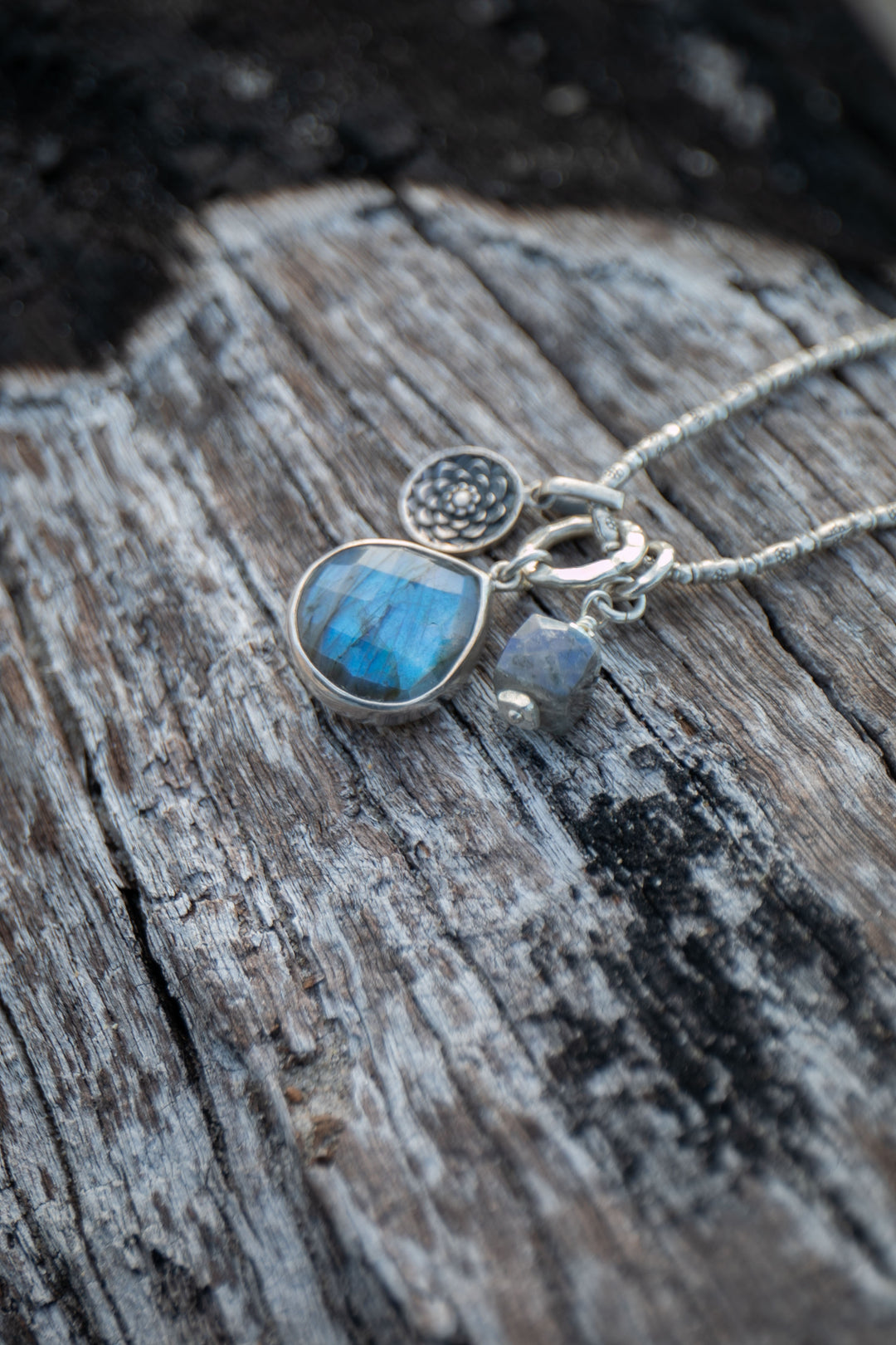 Labradorite Pendant Charm set in on Hill Tribe Silver Chain