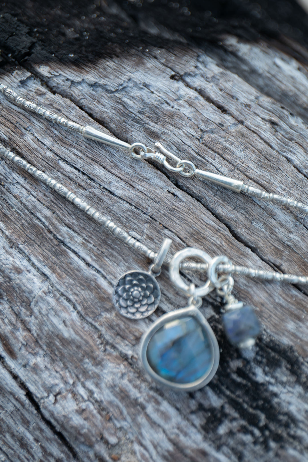 Labradorite Pendant Charm set in on Hill Tribe Silver Chain